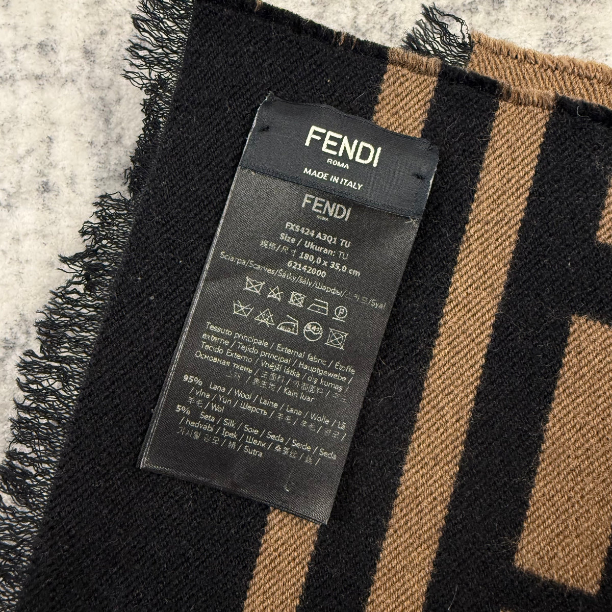 Fendi FF Logo Wool & Silk Scarf – Black/Brown