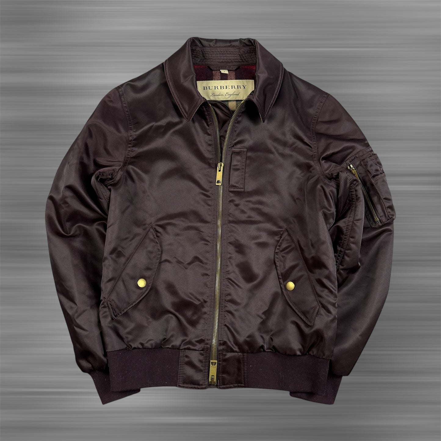 Burberry Satin Bomber Jacket with Check Undercollar