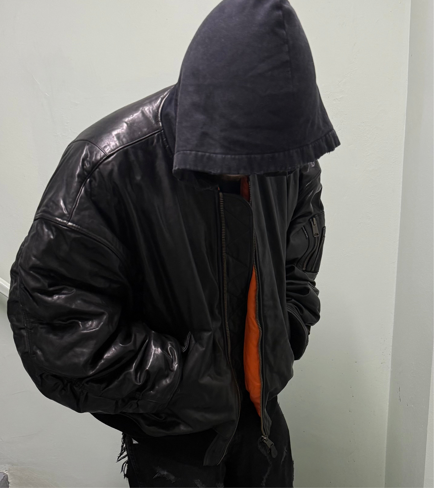 Balenciaga AW22 Leather MA-1 Oversized Hooded Bomber Jacket
