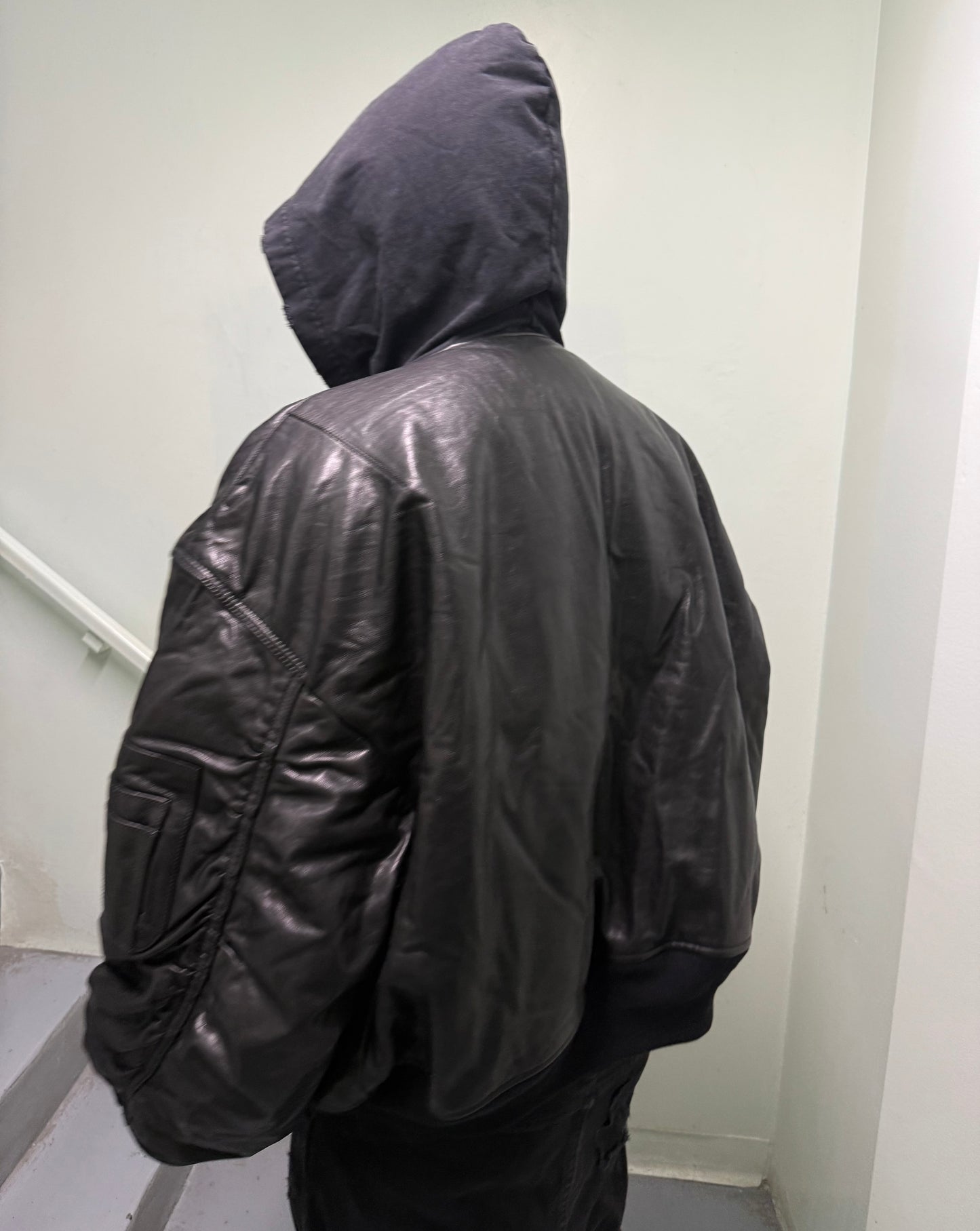 Balenciaga AW22 Leather MA-1 Oversized Hooded Bomber Jacket