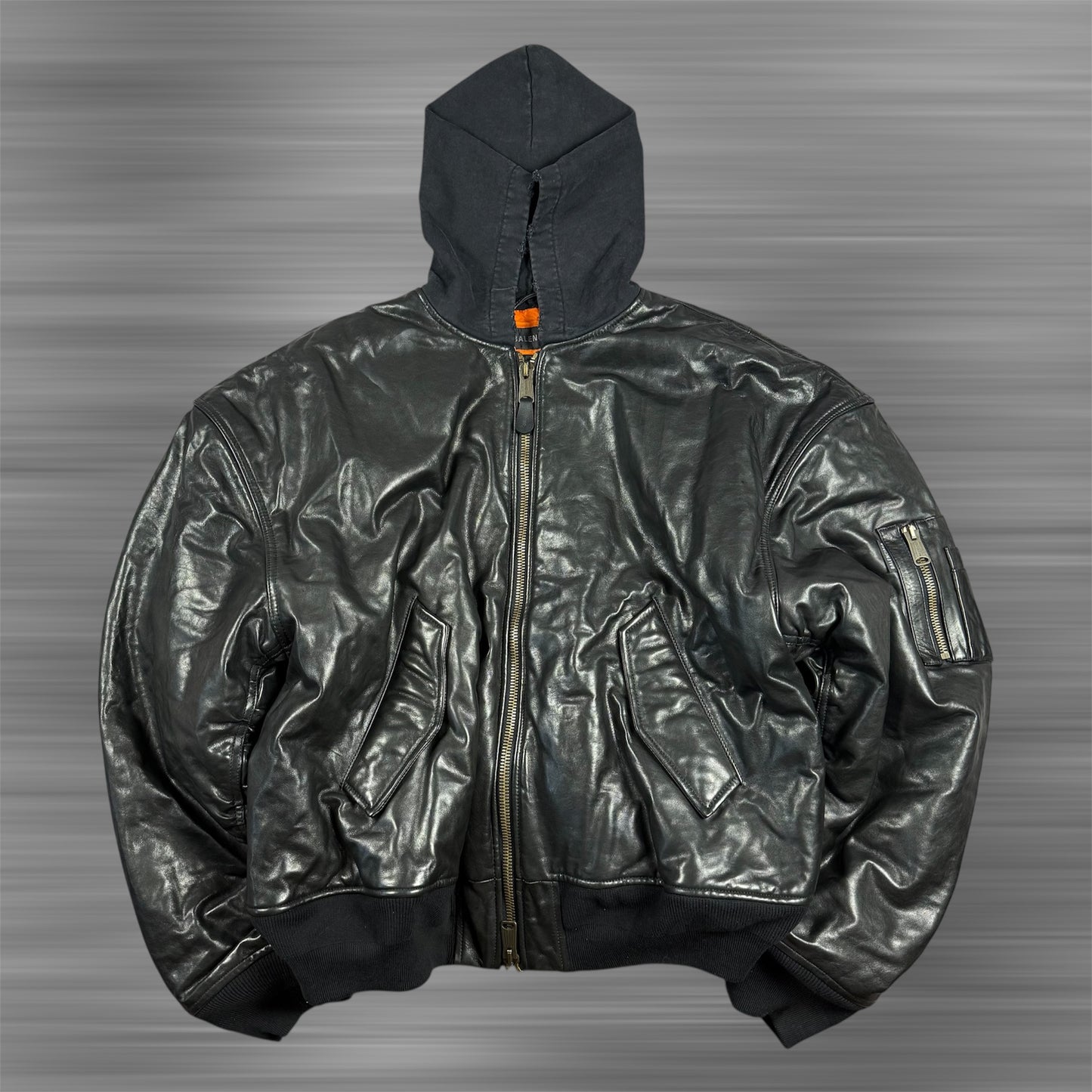 Balenciaga AW22 Leather MA-1 Oversized Hooded Bomber Jacket