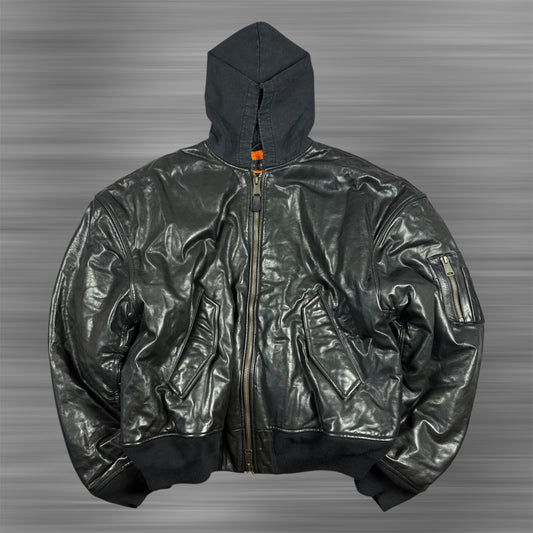Balenciaga AW22 Leather MA-1 Oversized Hooded Bomber Jacket