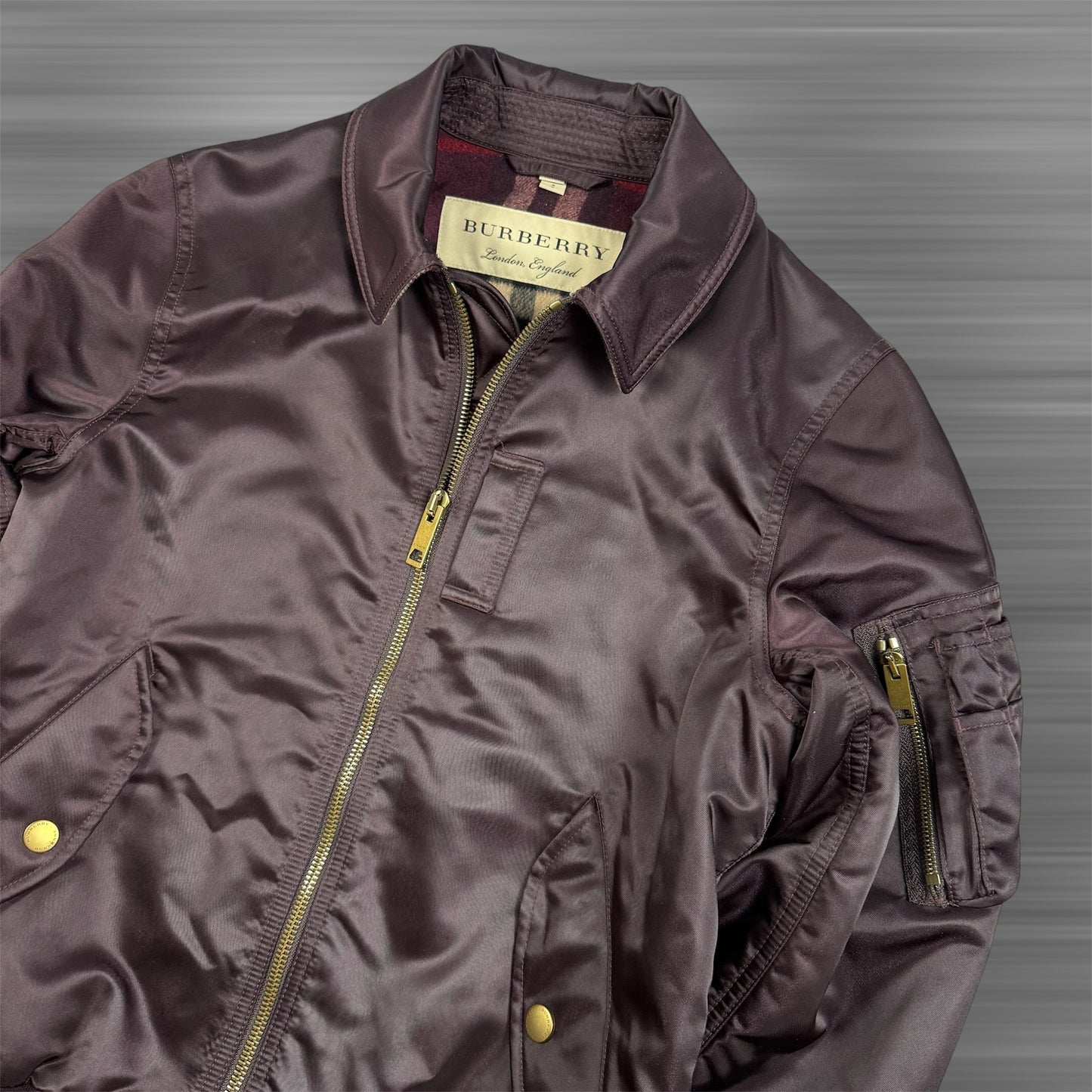 Burberry Satin Bomber Jacket with Check Undercollar
