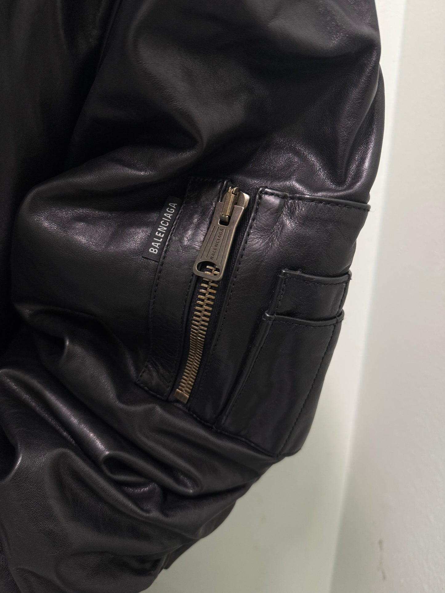 Balenciaga AW22 Leather MA-1 Oversized Hooded Bomber Jacket