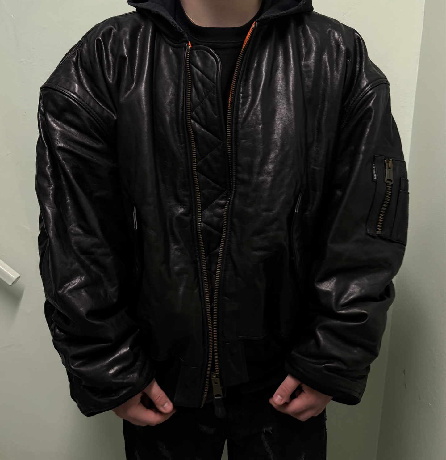 Balenciaga AW22 Leather MA-1 Oversized Hooded Bomber Jacket