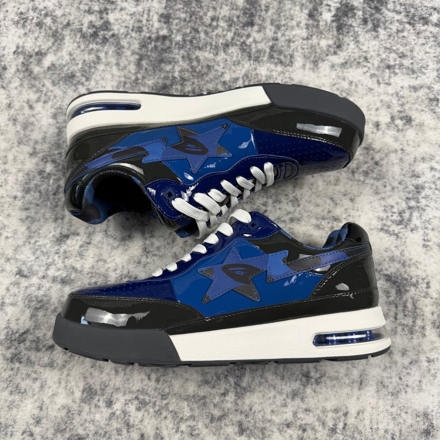 BAPE STA Blue & Black Patent Leather Low Top Sneakers