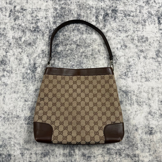 Gucci GG Canvas Hobo Bag Brown Leather Trim