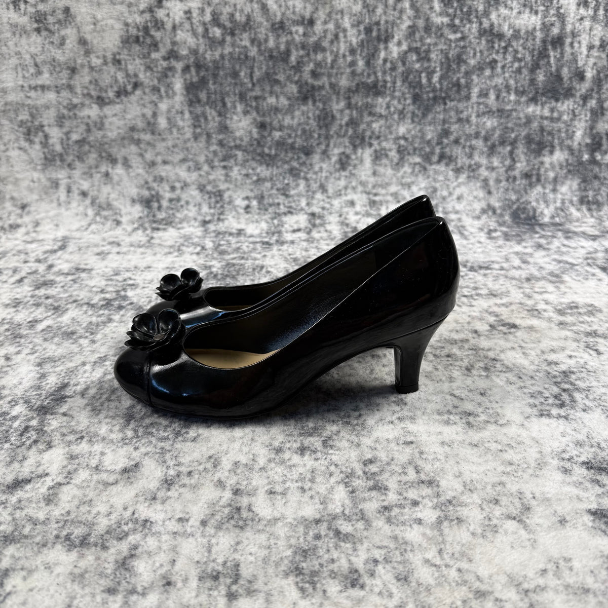 Chanel Black Patent Leather Camellia Flower Heels