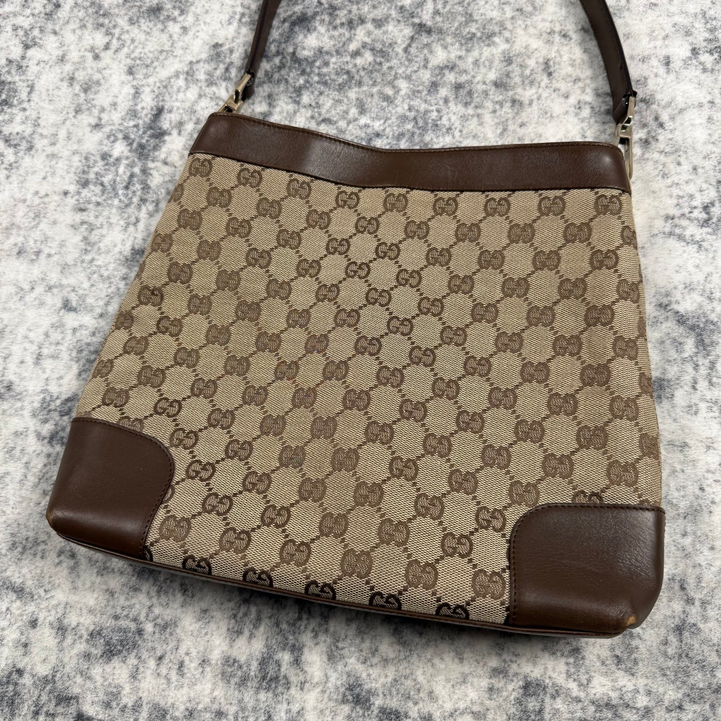 Gucci GG Canvas Hobo Bag Brown Leather Trim
