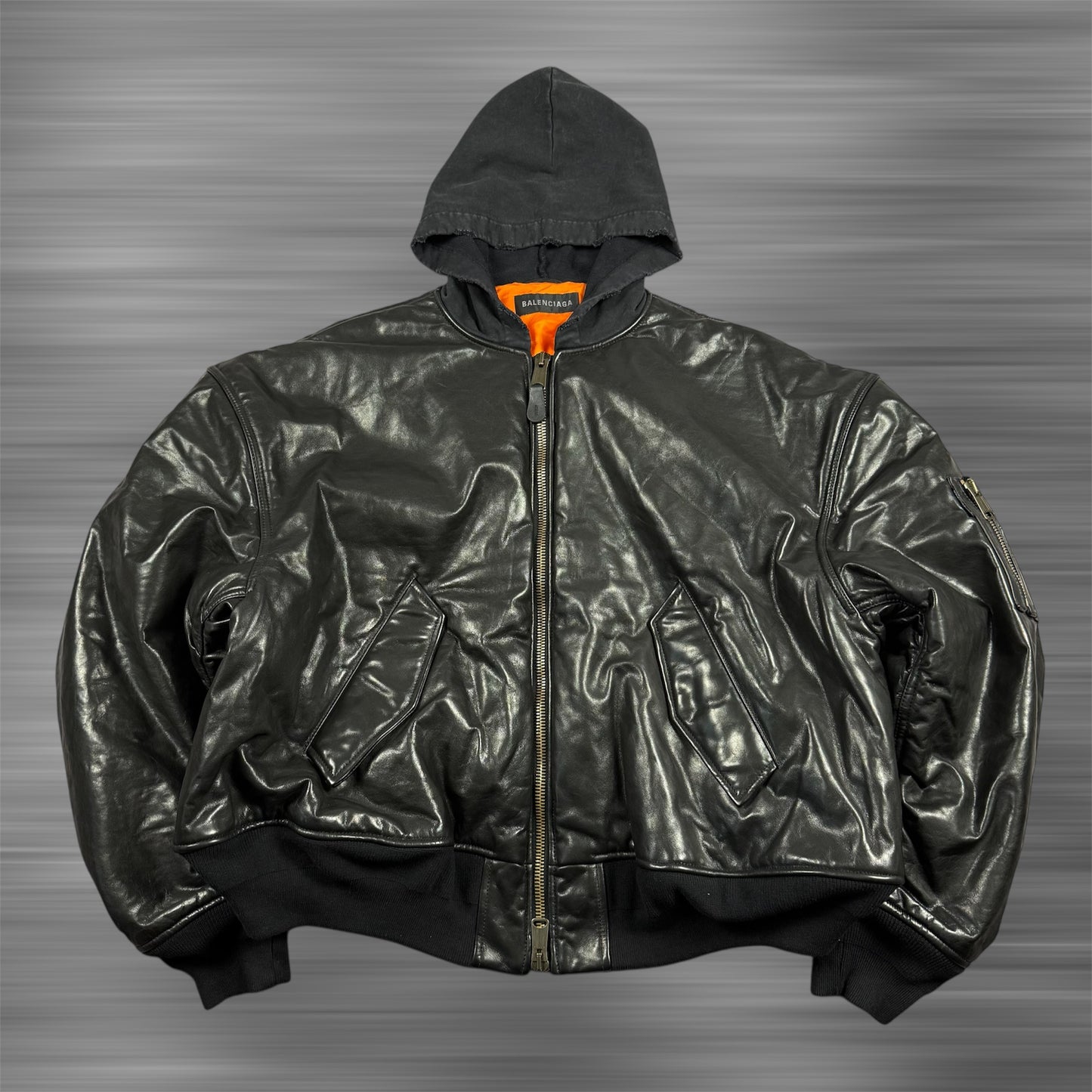 Balenciaga AW22 Leather MA-1 Oversized Hooded Bomber Jacket