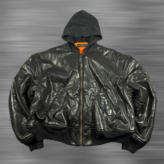 Balenciaga AW22 Leather MA-1 Oversized Hooded Bomber Jacket