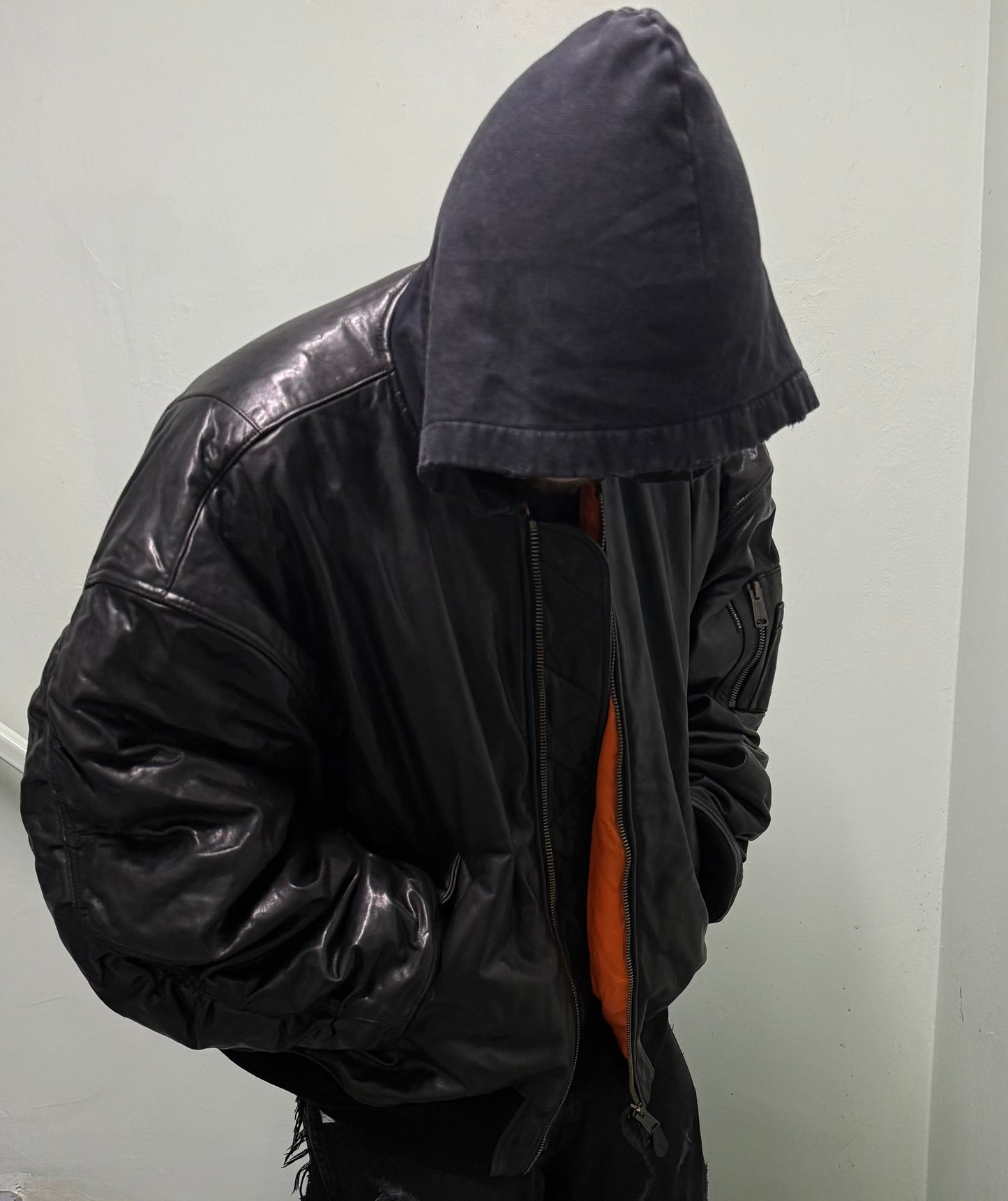 Balenciaga AW22 Leather MA-1 Oversized Hooded Bomber Jacket
