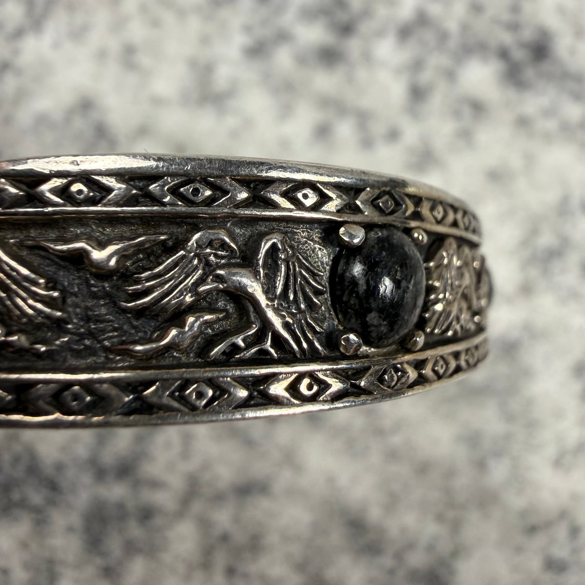 Clocks + Colours Eagle Black Stone Silver Cuff Bracelet