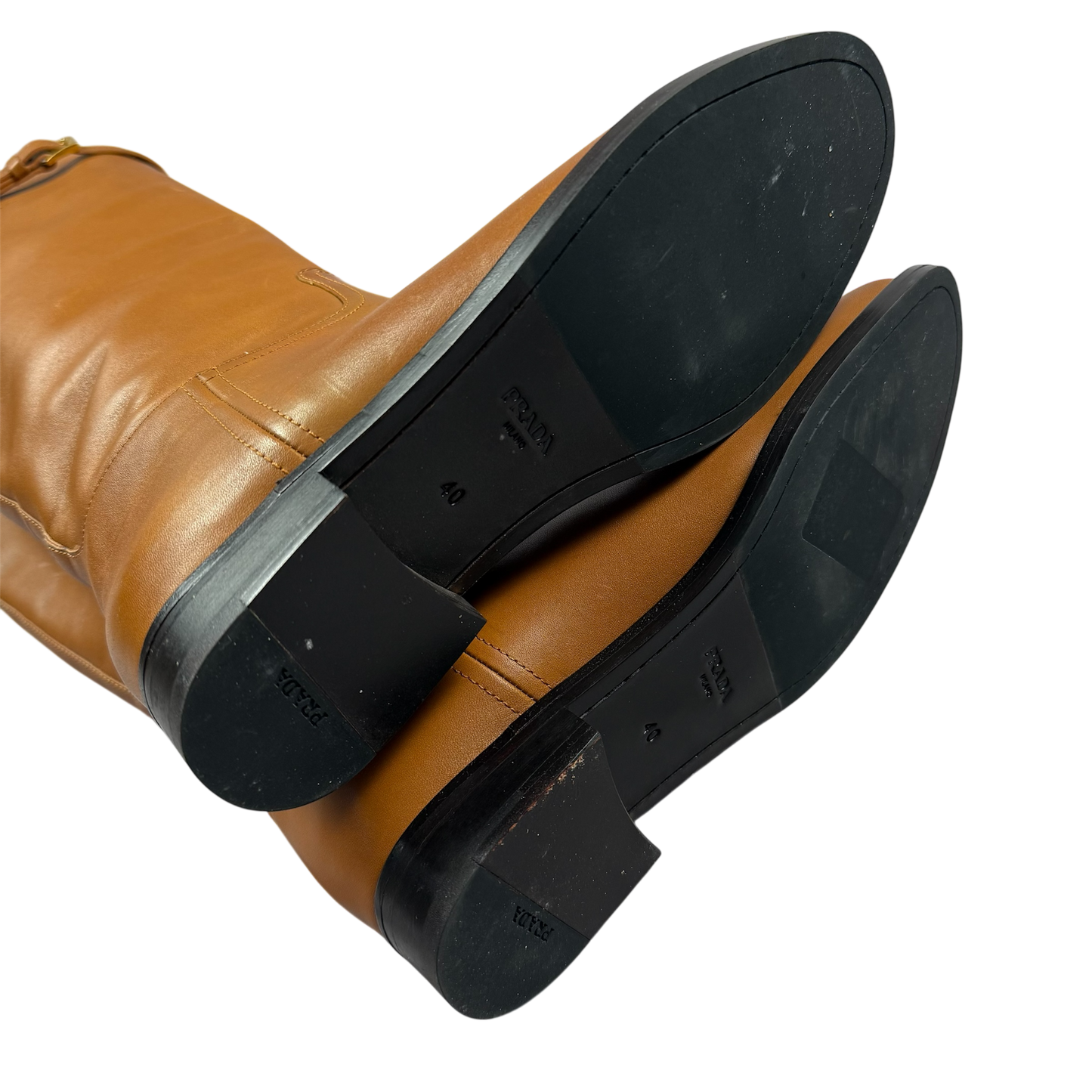 PRADA Camel Leather Logo Belted Knee-High Riding Boots