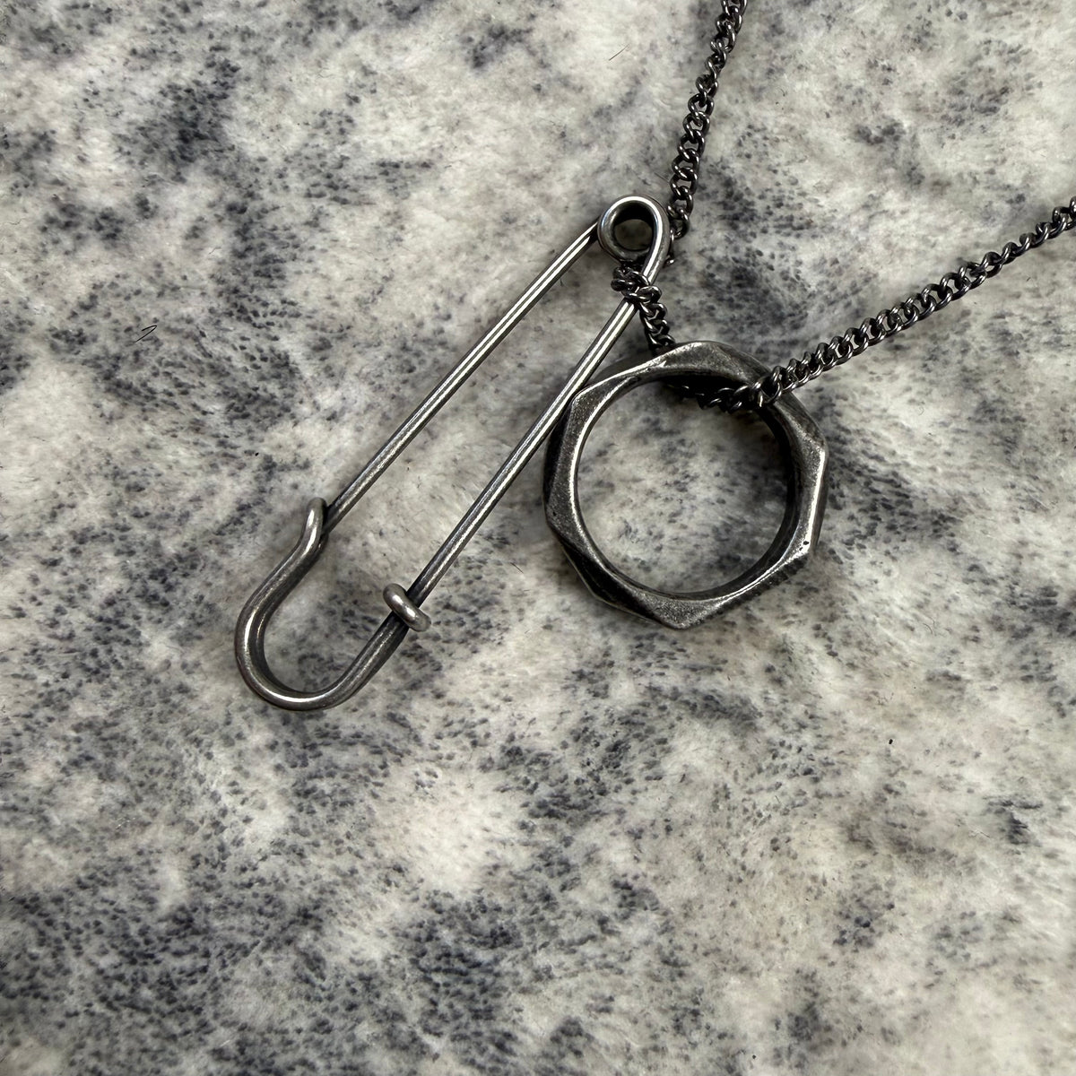 Vitaly Safety Pin & Hex Nut Pendant Necklace