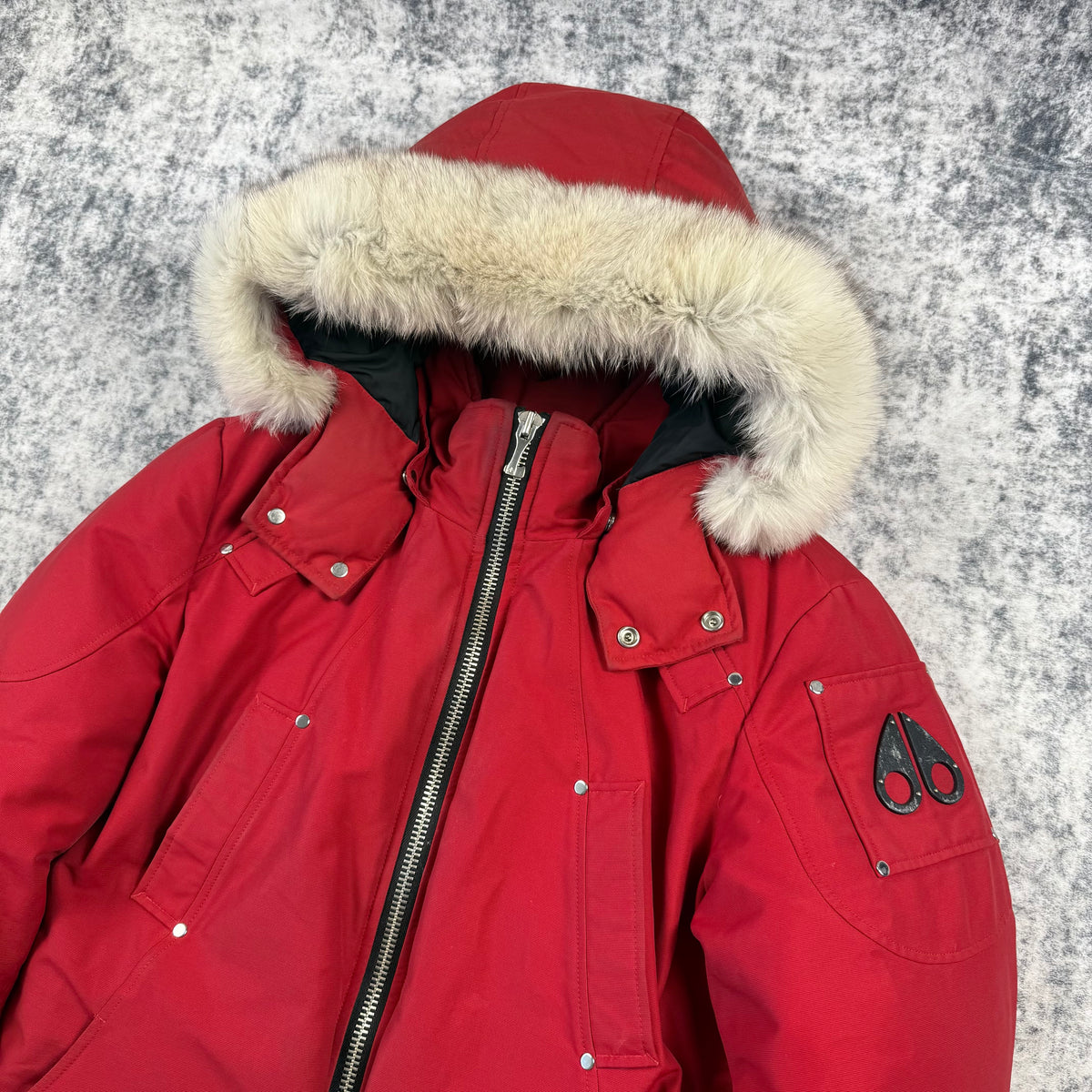 Moose Knuckles Red Down-Filled Fur Hood Bomber Jacket