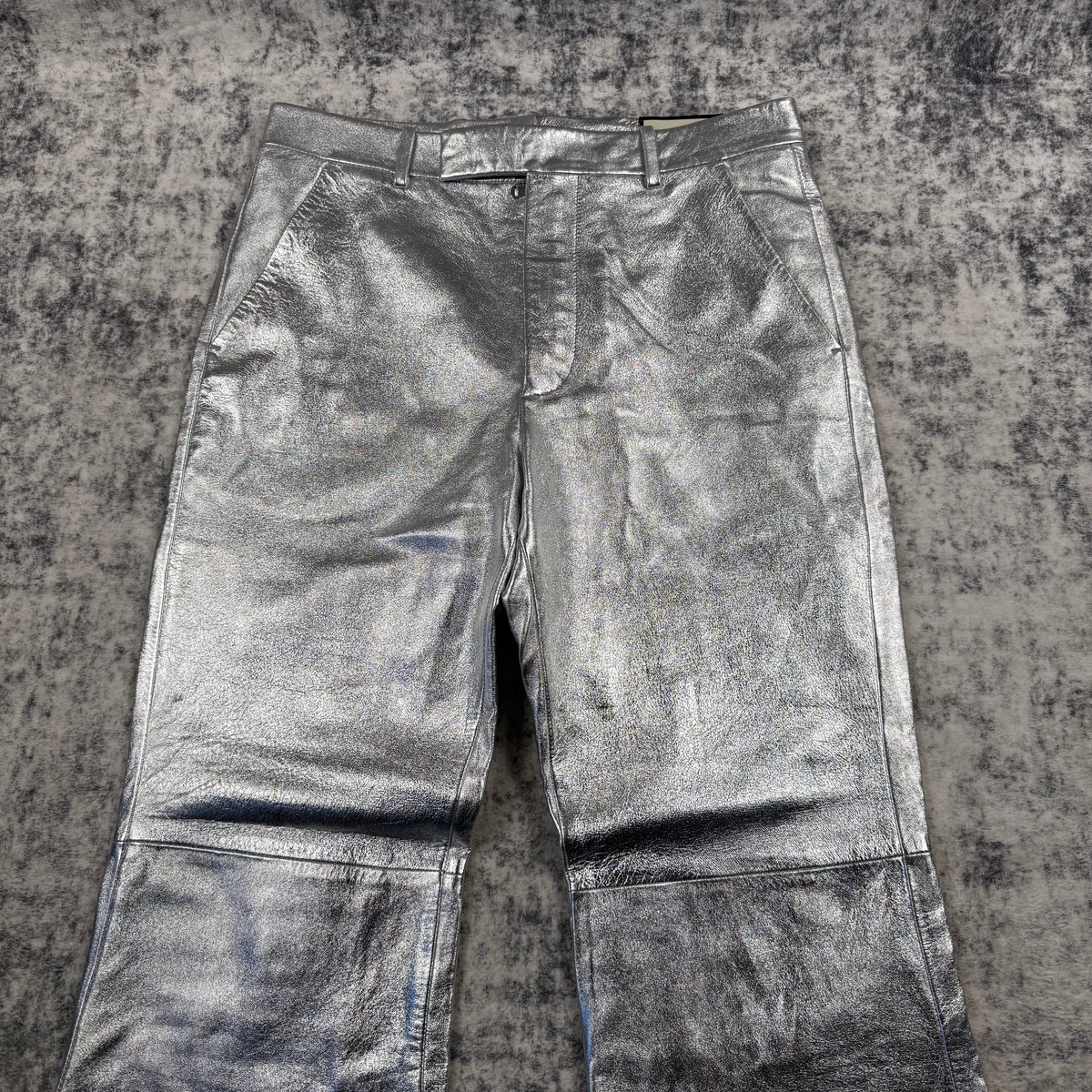Gucci Metallic Silver Lambskin Leather Flared Pants
