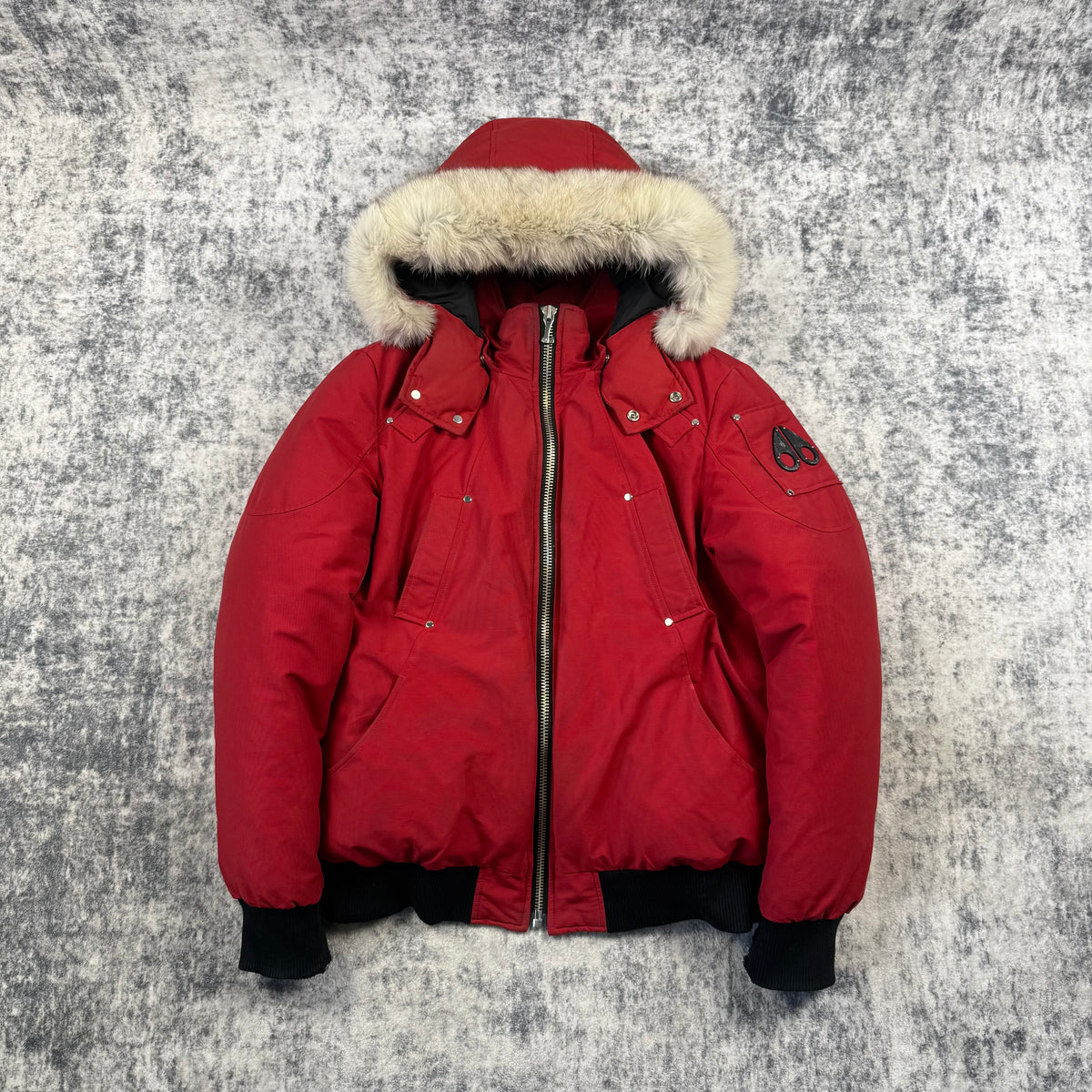 Moose Knuckles Red Down-Filled Fur Hood Bomber Jacket