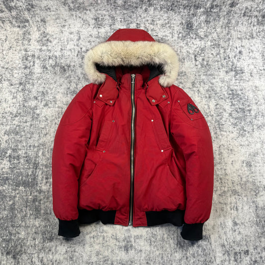 Moose Knuckles Red Down-Filled Fur Hood Bomber Jacket