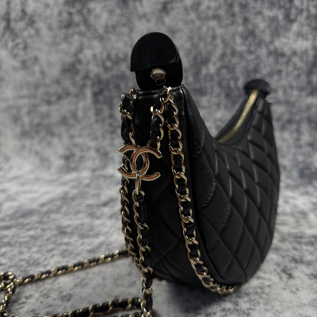 Chanel Black Quilted Lambskin Chain Hobo Bag