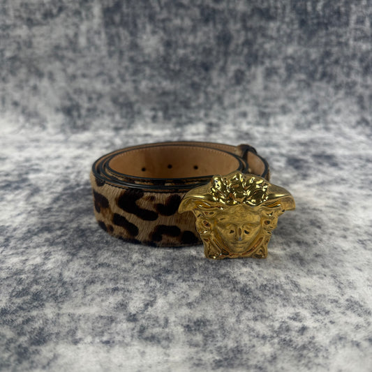 Versace Gold Medusa Leopard Print Pony Hair Belt