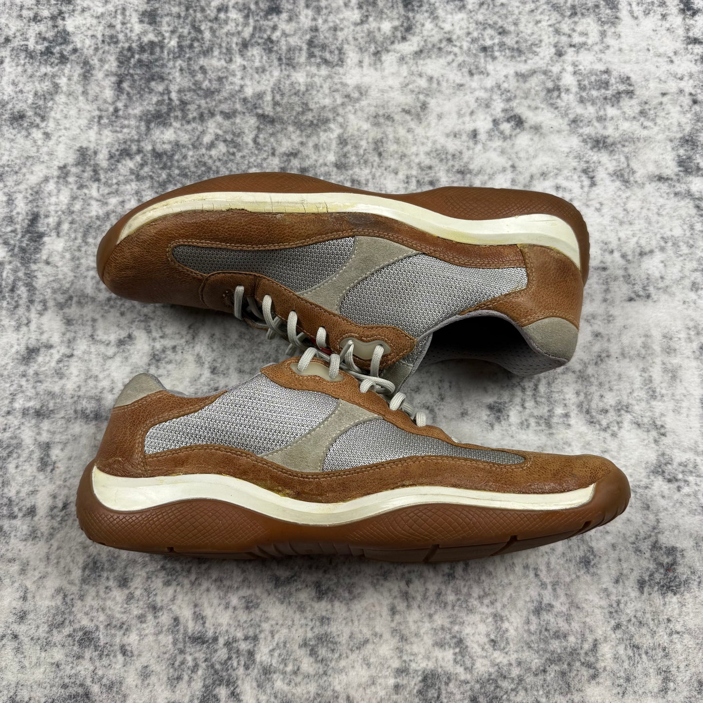 Prada America’s Cup Leather & Mesh Sneakers (Brown/Grey)