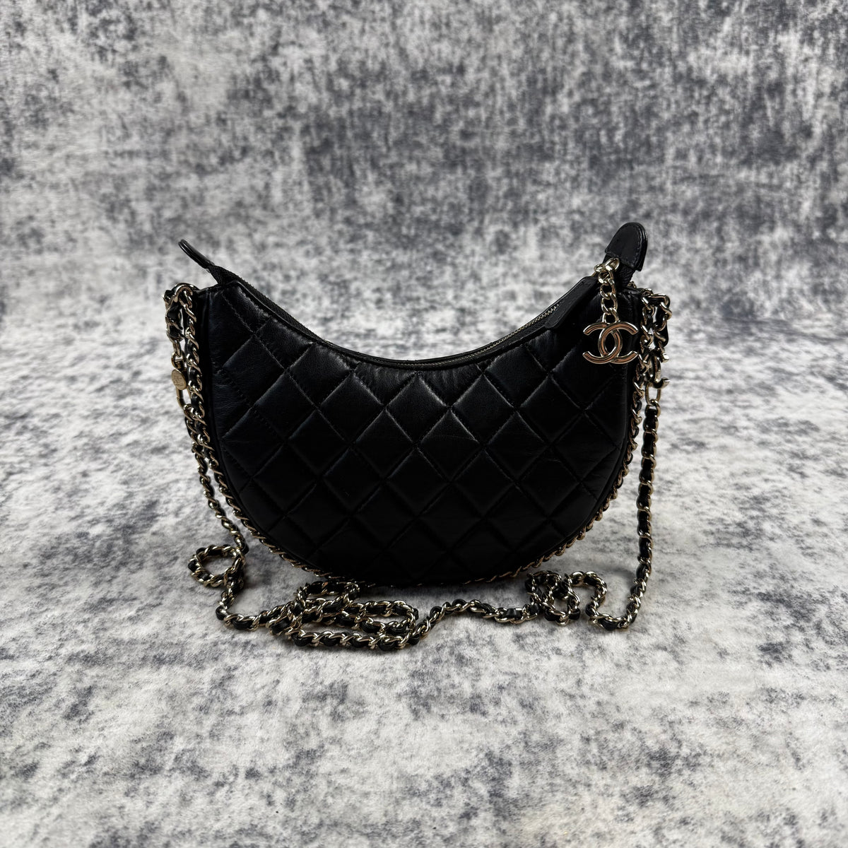 Chanel Black Quilted Lambskin Chain Hobo Bag