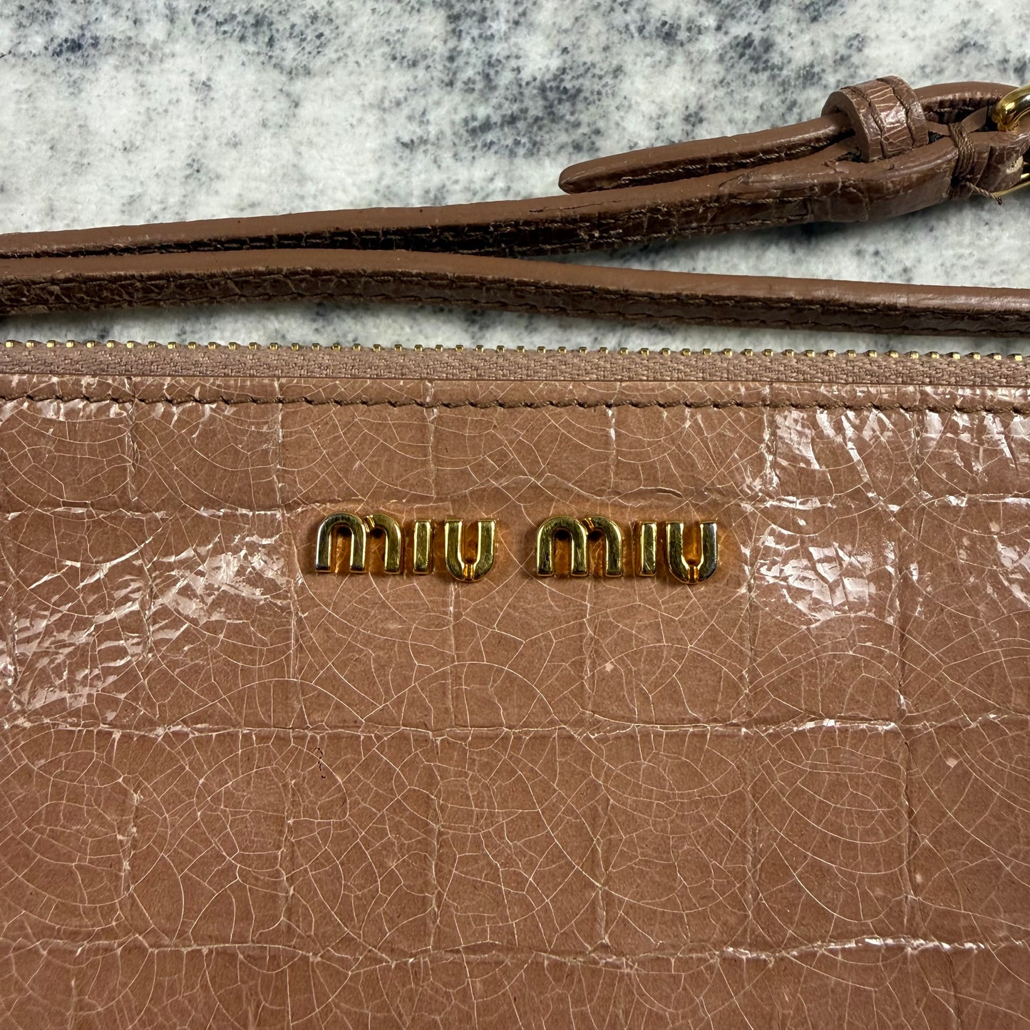 Miu Miu Croc-Embossed Patent Leather Wristlet Clutch / Pouch