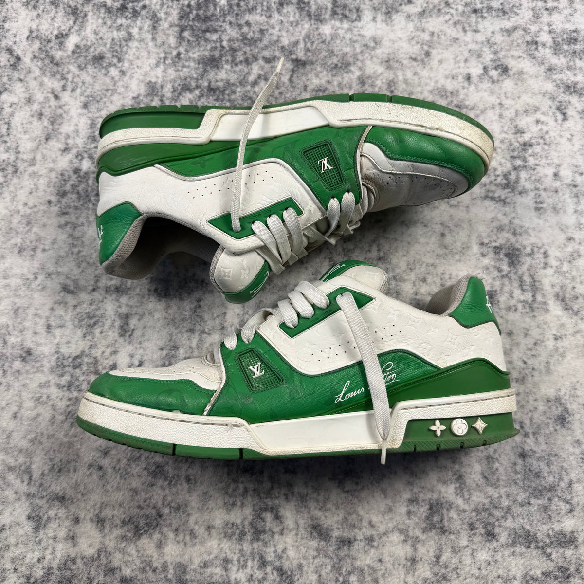 Louis Vuitton by Virgil Abloh Green & White LV Trainer Sneakers