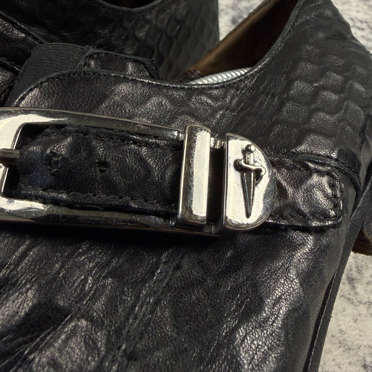 Cesare Paciotti Black Embossed Leather Dagger Buckle Monk Strap Shoes