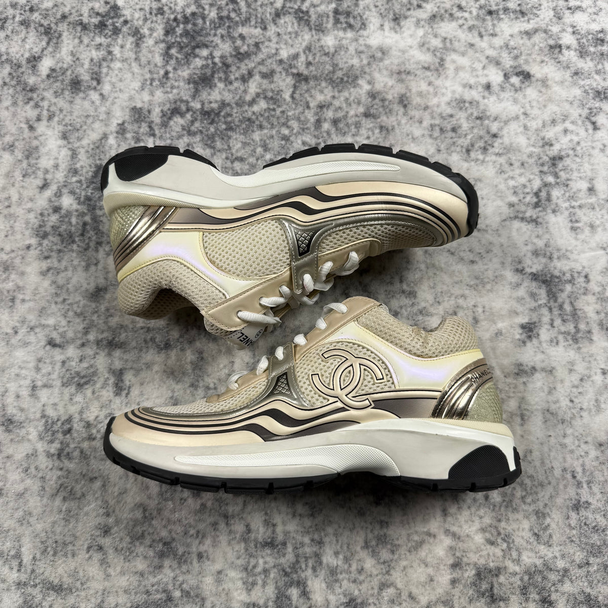 Chanel CC Logo Metallic Silver & Ivory Mesh Sneakers