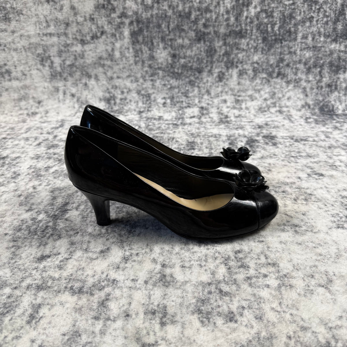 Chanel Black Patent Leather Camellia Flower Heels