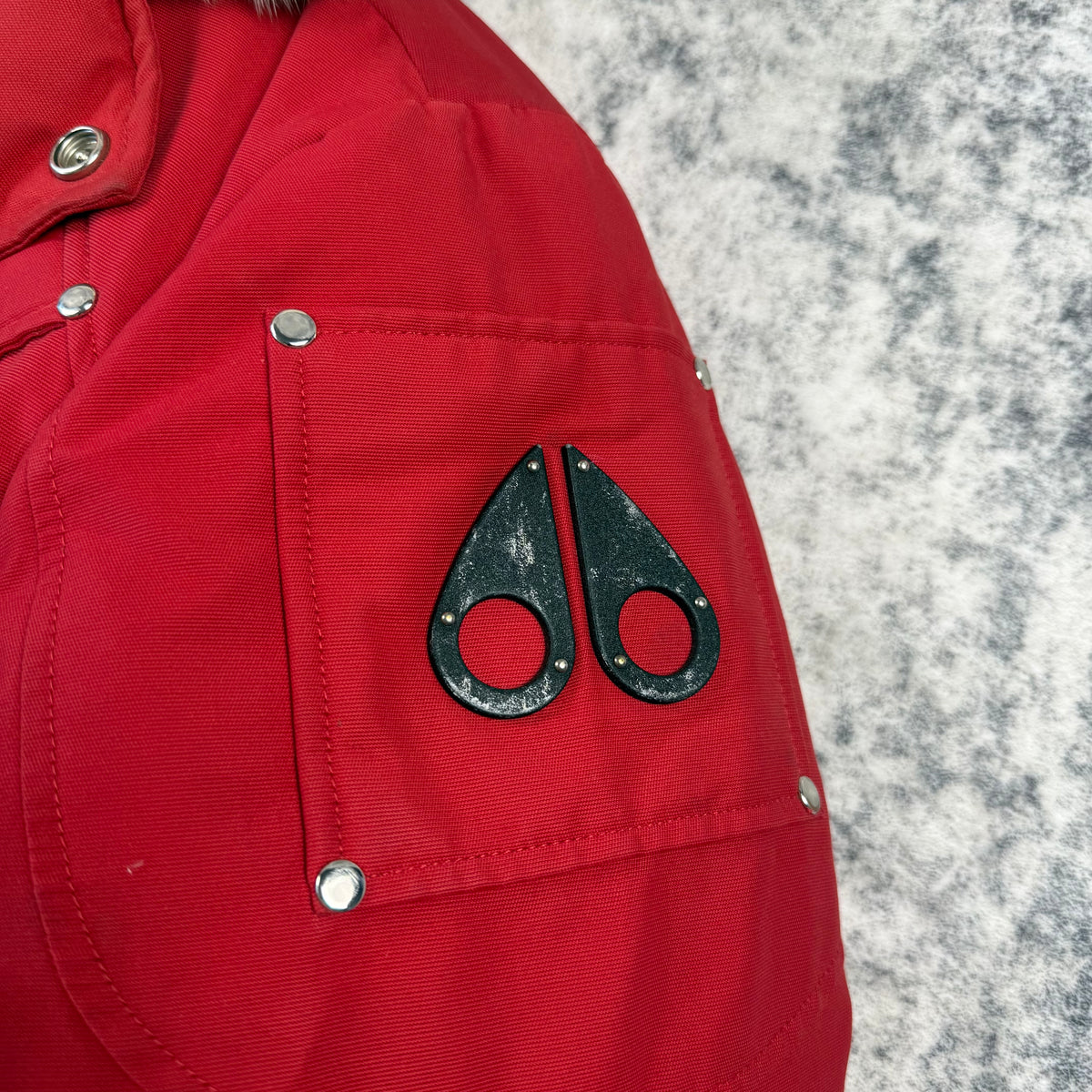 Moose Knuckles Red Down-Filled Fur Hood Bomber Jacket