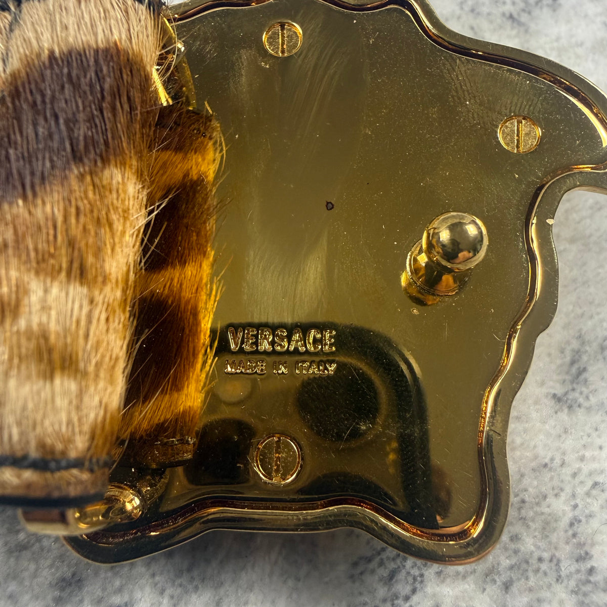 Versace Gold Medusa Leopard Print Pony Hair Belt