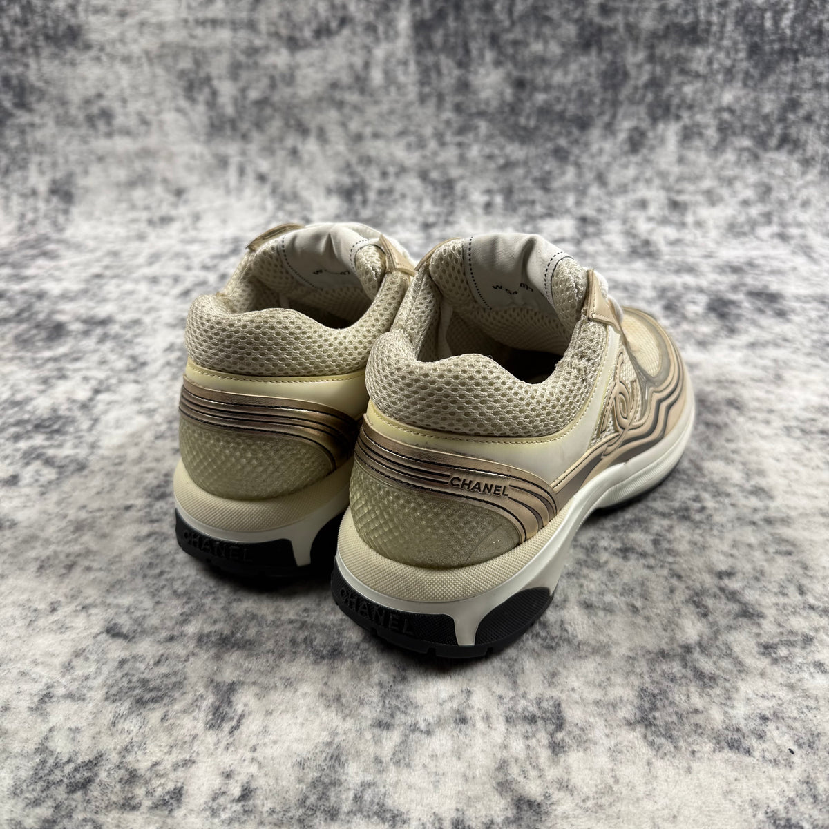 Chanel CC Logo Metallic Silver & Ivory Mesh Sneakers