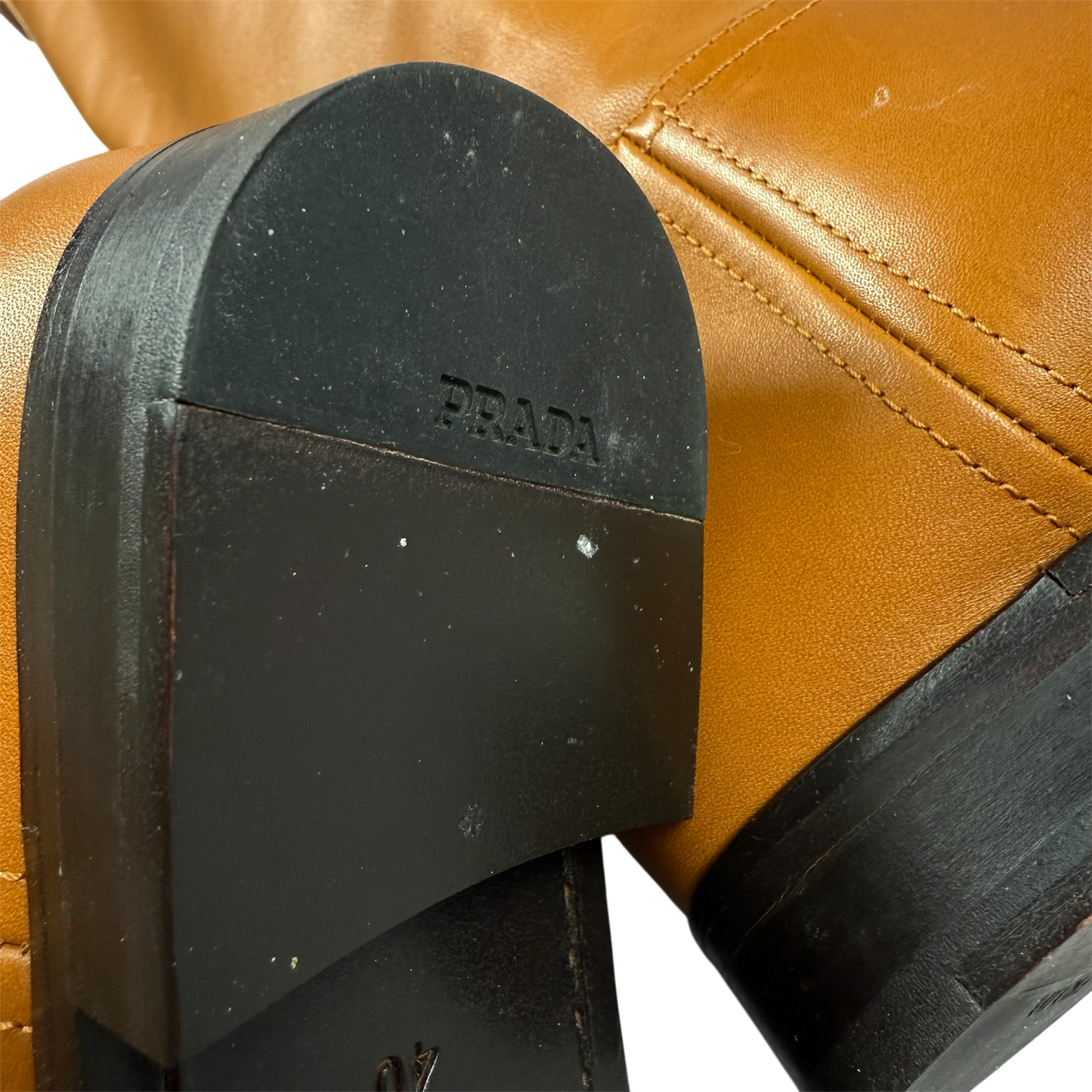 PRADA Camel Leather Logo Belted Knee-High Riding Boots