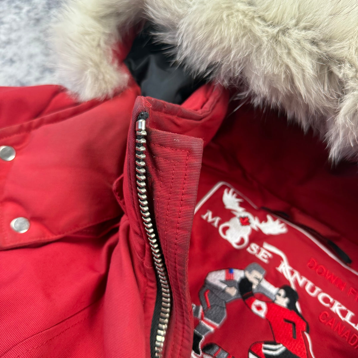 Moose Knuckles Red Down-Filled Fur Hood Bomber Jacket