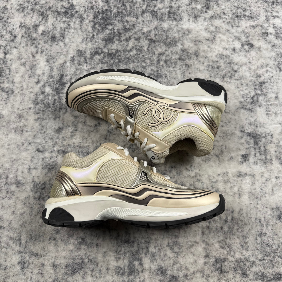Chanel CC Logo Metallic Silver & Ivory Mesh Sneakers