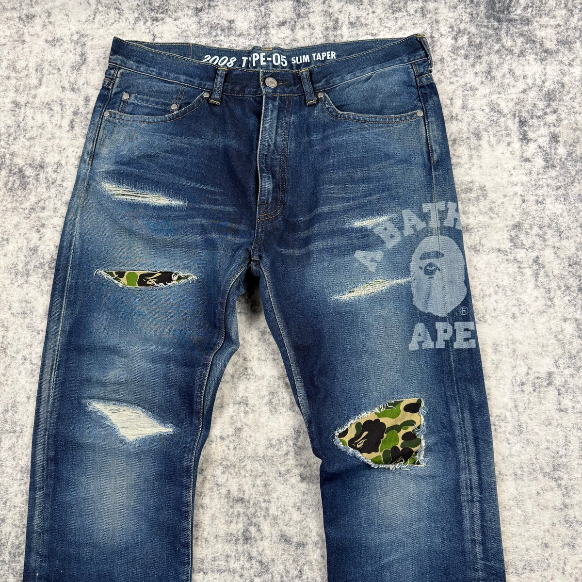 BAPE A Bathing Ape 2008 Type-05 Camo Patch Distressed Denim Jeans