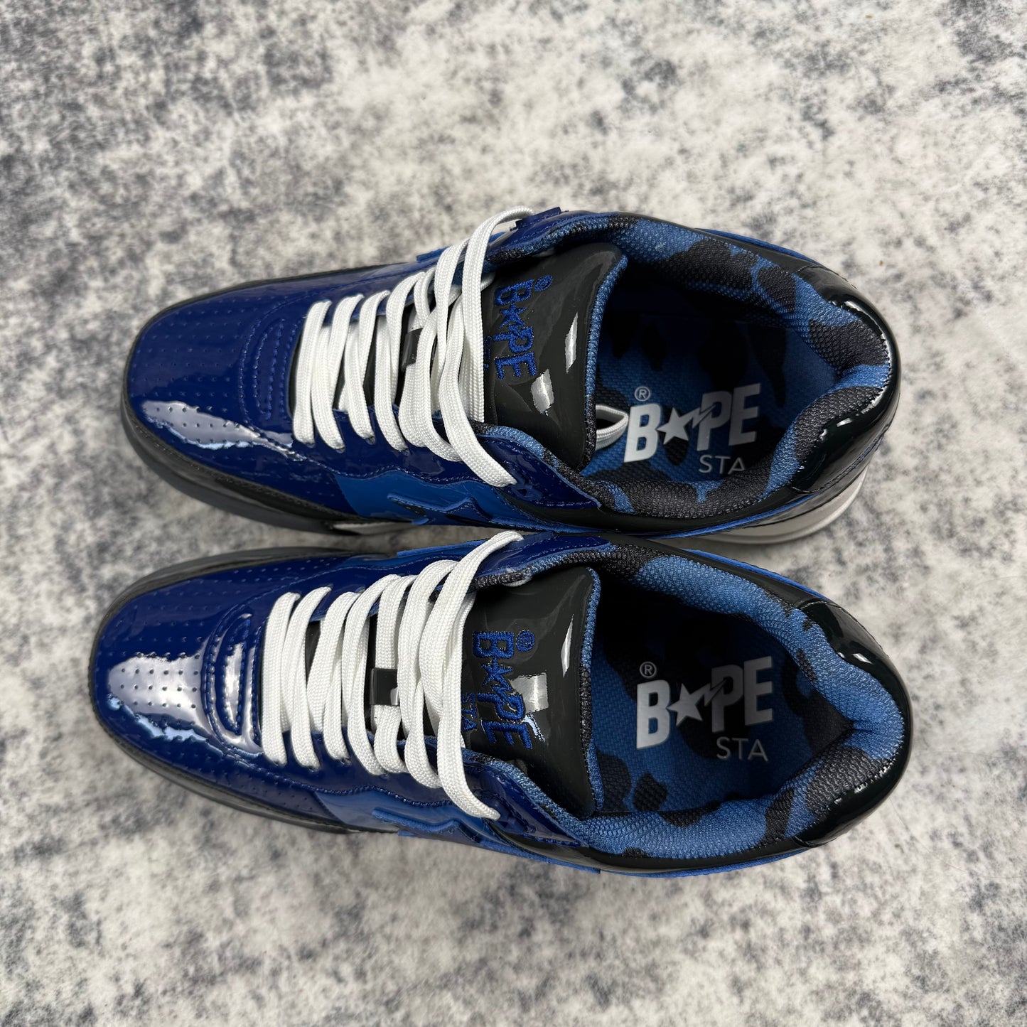 BAPE STA Blue & Black Patent Leather Low Top Sneakers