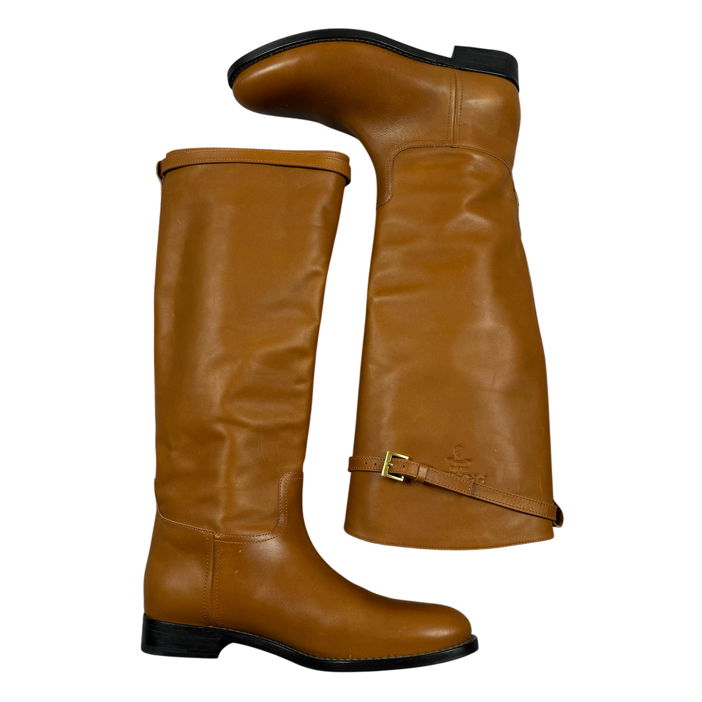 PRADA Camel Leather Logo Belted Knee-High Riding Boots