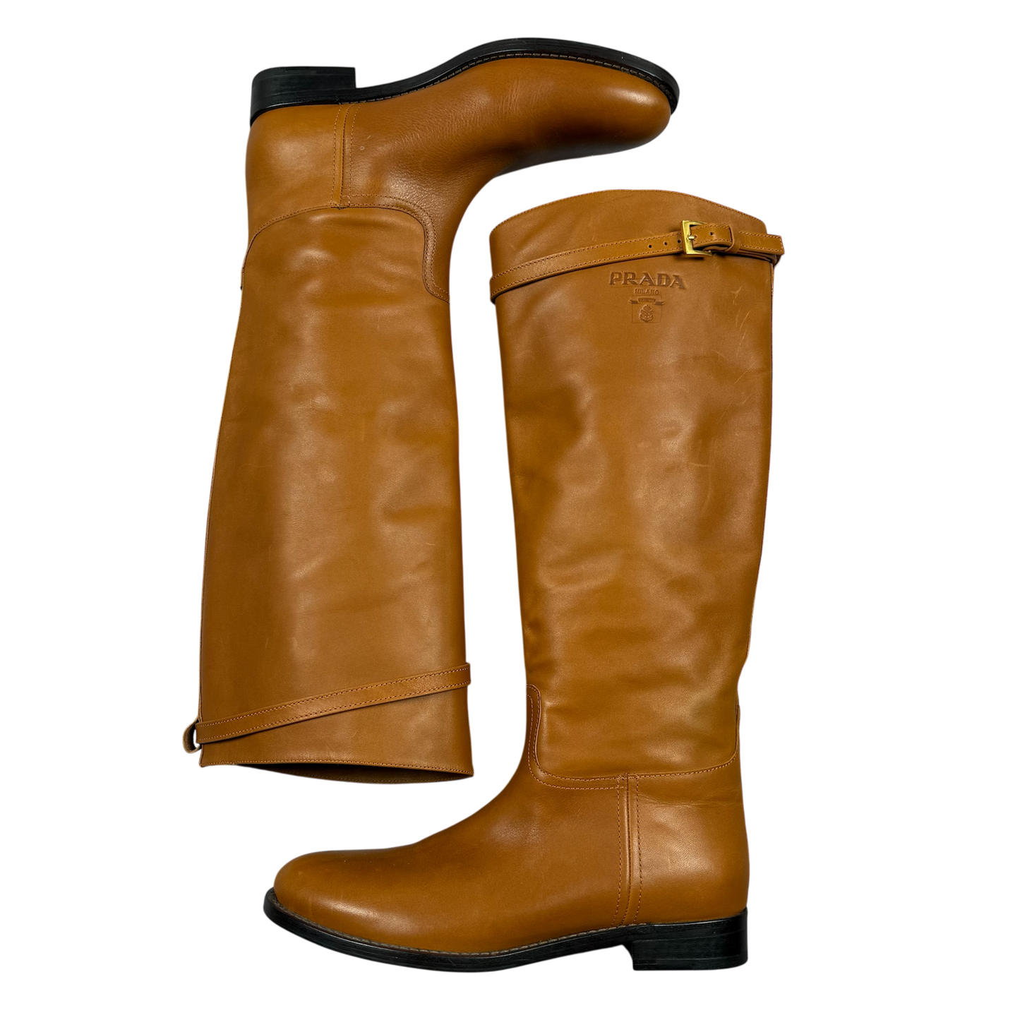 PRADA Camel Leather Logo Belted Knee-High Riding Boots