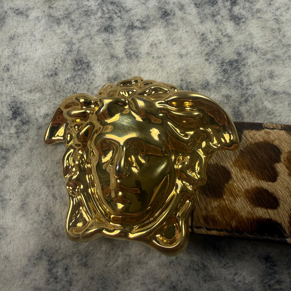 Versace Gold Medusa Leopard Print Pony Hair Belt
