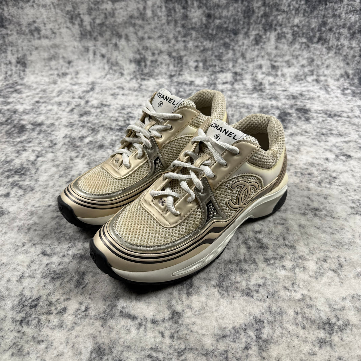 Chanel CC Logo Metallic Silver & Ivory Mesh Sneakers