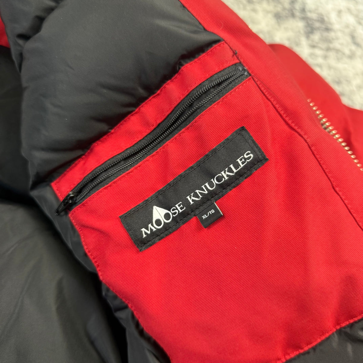 Moose Knuckles Red Down-Filled Fur Hood Bomber Jacket