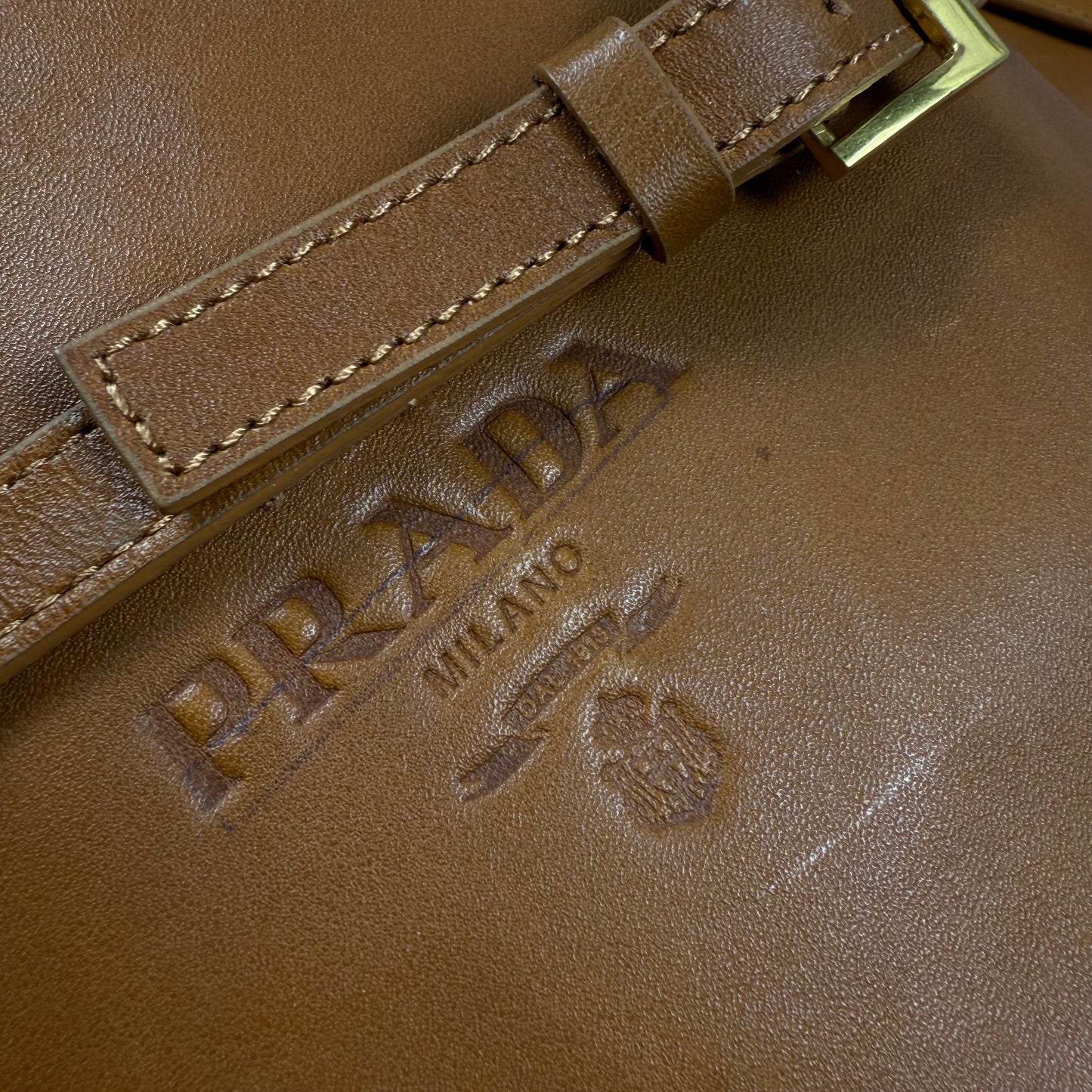 PRADA Camel Leather Logo Belted Knee-High Riding Boots