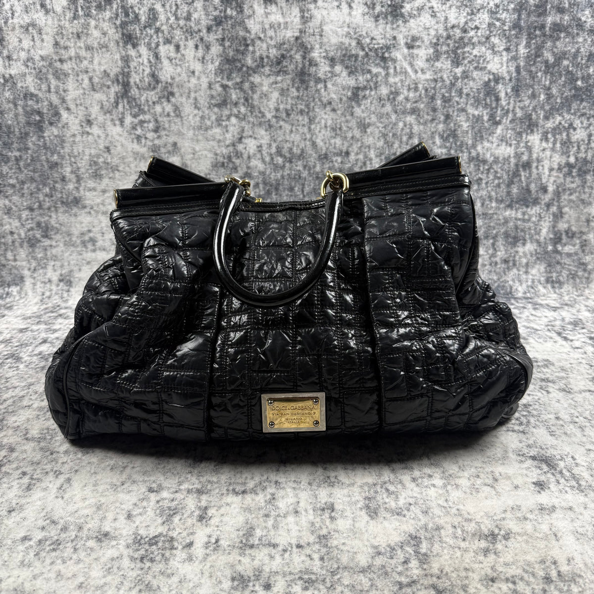 Dolce & Gabbana Miss Lexington Black Quilted Patent Nylon Tote Bag