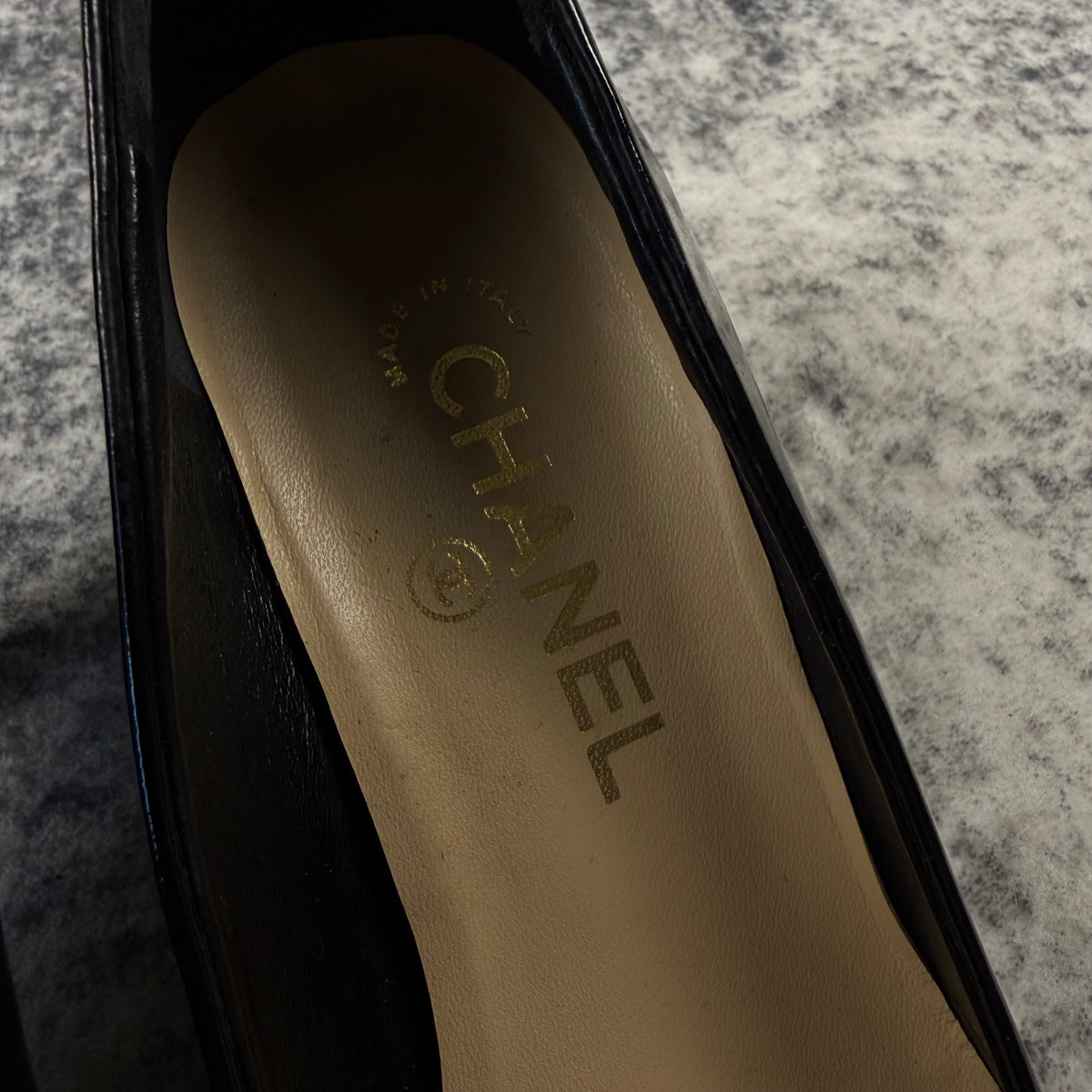 Chanel Black Patent Leather Camellia Flower Heels
