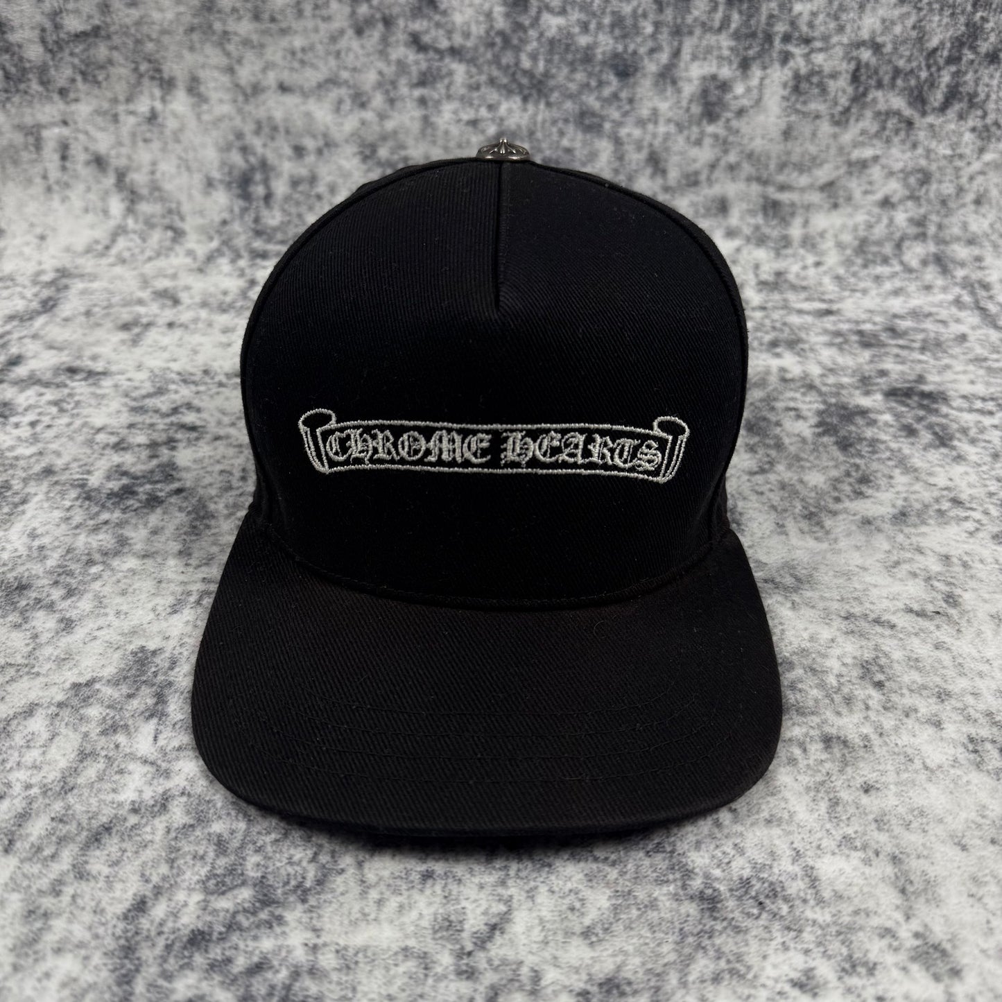 Chrome Hearts Scroll Logo Denim ‘Black’ Trucker Cap