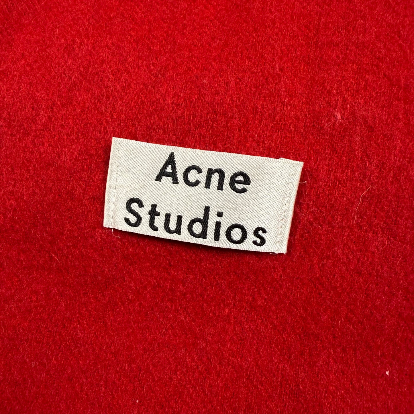 Acne Studios Red Virgin Wool Fringe Logo Scarf